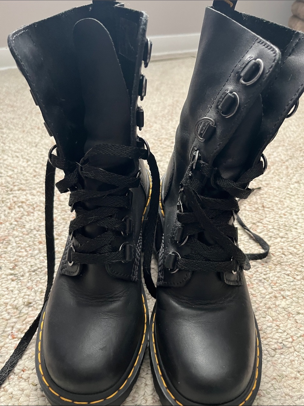 Dr. Martens Black Lace-Up Platform Heel Boots with Yellow Stitching - Picture 11 of 12